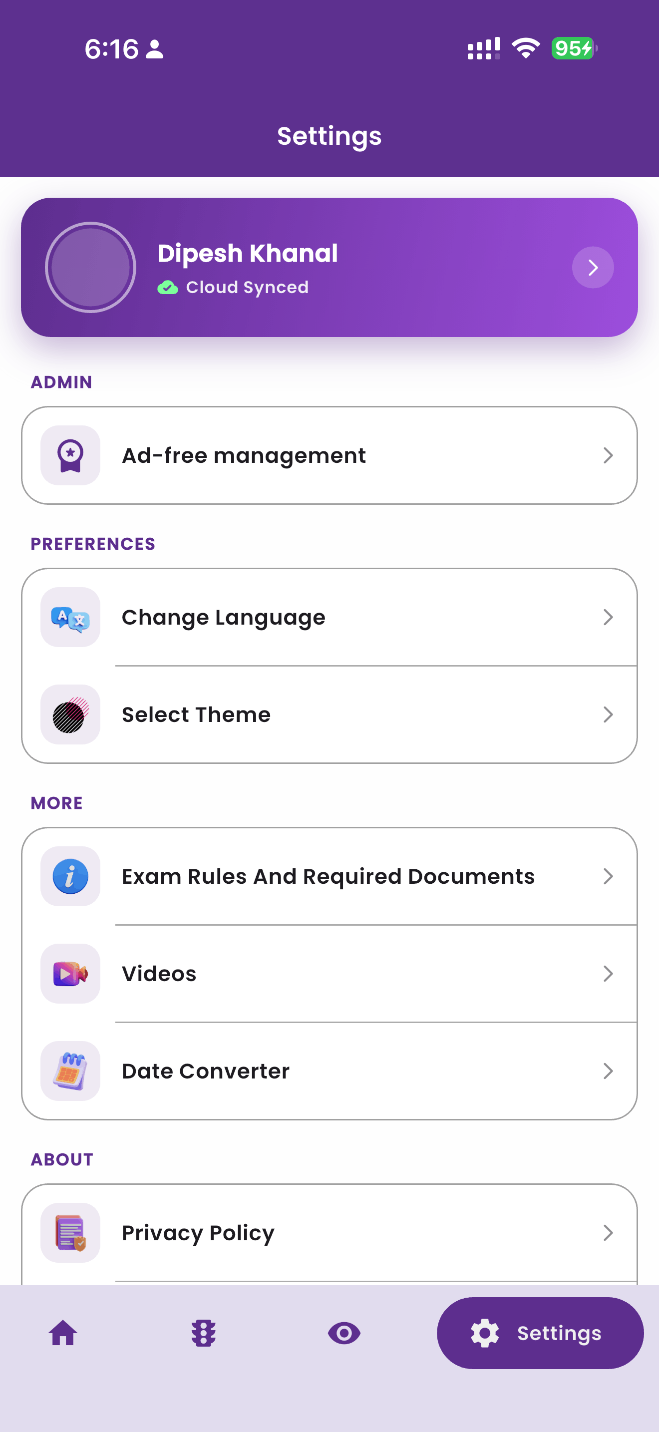 The Settings screen showing the profile card with the user's name and Cloud Synced status at the top